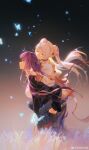  2girls absurdres artist_name black_pants blue_butterfly bug butterfly capelet carrying closed_eyes closed_mouth earrings fern_(sousou_no_frieren) frieren grass hair_between_eyes highres jewelry light_blush long_hair looking_ahead multiple_girls night outdoors pants piggyback pointy_ears purple_hair sidelocks sousou_no_frieren twintails violet_eyes wading white_capelet white_hair ying_yi 