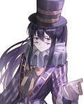  1boy black_hair bonno_sasu bow bowtie coat extra_eyes frilled_sleeves frills hat high_ponytail highres library_of_ruina long_hair neck_ruff noah_(project_moon) project_moon purple_coat sidelocks simple_background solo top_hat very_long_hair white_background yellow_bow yellow_bowtie 