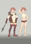  absurdres armor blue_eyes breastplate brown_hair dungeons_and_dragons gauntlets gloves grey_background hanpixe highres holding holding_weapon pauldrons pointy_ears shield shield_on_back short_shorts shorts shoulder_armor tank_top thigh-highs war_hammer weapon 
