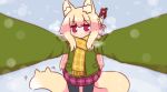  1girl animal_ear_fluff animal_ears black_pantyhose blonde_hair blush breath brown_scarf closed_mouth fox_ears fox_girl fox_tail fringe_trim green_jacket hair_between_eyes hair_bun hair_ornament highres jacket kemomimi-chan_(naga_u) looking_at_viewer meme naga_u original pantyhose plaid plaid_skirt pleated_skirt pov_cheek_warming_(meme) purple_skirt reaching reaching_towards_viewer scarf sidelocks skirt solo tail violet_eyes 