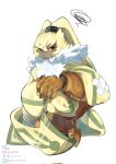 1other bandages belt black_belt brown_fur brown_gloves closed_mouth digimon digimon_(creature) floppy_ears frown furry gloves highres orange_eyes simple_background solo squiggle symbareangoramon tied_ears twitter_username white_background white_fur yellow_fur youzaiyouzai112 