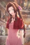  1girl aerith_gainsborough blurry blurry_background braid braided_ponytail brown_hair buttons commentary_request cropped_jacket dress final_fantasy final_fantasy_vii forehead green_eyes hair_ribbon jacket kiryuu_sara_(artist) lips long_hair looking_at_viewer open_clothes open_jacket parted_bangs parted_lips pink_dress pink_lips pink_ribbon pocket red_jacket ribbon short_sleeves sidelocks signature solo wavy_hair 
