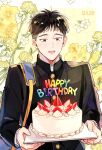  1boy bag black_hair black_jacket blush brown_eyes cake dandelion english_text floral_background flower food fruit gakuran happy_birthday highres holding holding_cake holding_food jacket looking_down male_focus open_mouth school_bag school_uniform short_hair slam_dunk_(series) solo strawberry undercut upper_body xktnjrxgvdrd3hy yasuda_yasuharu yellow_flower 