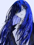  1girl absurdres ado_(utaite) ascot black_ascot black_jacket blazer blue_eyes blue_flower blue_hair blue_rose cloud_nine_inc collared_shirt colored_skin commentary eyelashes flower frilled_ascot frills grey_background hair_between_eyes hair_over_one_eye highres isarameme jacket lapels long_hair looking_at_viewer notched_lapels parted_lips rose shirt simple_background solo upper_body utaite white_shirt white_skin wing_collar 