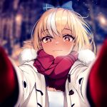  1girl blonde_hair bow bright_pupils coat dark-skinned_female dark_skin hair_bow hololive meme orange_eyes phos pointy_ears pov_cheek_warming_(meme) red_scarf scarf shiranui_flare virtual_youtuber visible_air white_pupils winter_clothes winter_coat 