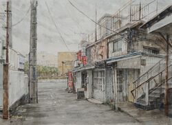  building original painting_(medium) path power_lines road shiki4winter stairs street traditional_media traffic_light utility_pole watercolor_(medium) 