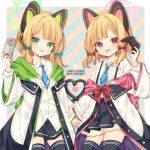  2girls absurdres animal_ear_headphones animal_ears black_skirt black_thighhighs blonde_hair blue_archive blue_bow blue_necktie bow collared_shirt controller fake_animal_ears game_controller green_eyes green_halo hair_bow halo happy_birthday headphones heart highres holding holding_controller holding_game_controller jacket looking_at_viewer midori_(blue_archive) momoi_(blue_archive) multiple_girls necktie open_clothes open_jacket open_mouth pink_halo pleated_skirt red_bow red_eyes saekiya_sabou shirt short_hair siblings sisters skirt smile thigh-highs two-sided_fabric two-sided_jacket white_jacket white_shirt 