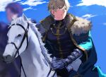  2boys armor blonde_hair blue_cape blue_eyes cape collared_cape cowboy_shot excalibur_galatine_(fate) fate/grand_order fate_(series) fur-trimmed_cape fur_trim gauntlets gawain_(fate) hair_between_eyes highres horseback_riding knight looking_to_the_side male_focus multiple_boys parted_lips pectorals potato_goril riding short_hair solo_focus thick_eyebrows 