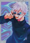  1boy absurdres adjusting_eyewear blue_background blue_eyes border colored_eyelashes commentary dated gojou_satoru grey_border hand_on_eyewear highres jujutsu_kaisen looking_at_viewer multicolored_background payayo884 purple_background short_hair solo sunglasses symbol-only_commentary teeth tongue tongue_out translation_request upper_body white_hair 