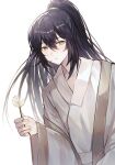  1boy black_eyes black_hair bonno_sasu chinese_clothes coat dandelion flower heterochromia high_ponytail highres holding holding_flower hong_lu_(project_moon) limbus_company long_hair long_sleeves parted_lips project_moon simple_background solo very_long_hair white_background white_coat wide_sleeves 