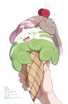  1other :d :i cherry closed_mouth digimon digimon_(creature) floppy_ears food fruit highres holding horns ice_cream_cone lopmon multiple_horns open_mouth simple_background single_horn smile terriermon twitter_username white_background youzaiyouzai112 