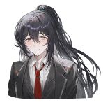  1boy aqua_eyes black_eyes black_hair blush bonno_sasu closed_mouth coat heterochromia high_ponytail highres hong_lu_(project_moon) limbus_company long_hair looking_at_viewer necktie project_moon red_necktie shirt simple_background smile solo upper_body very_long_hair white_background 
