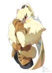  1other belt black_belt black_pants body_fur brown_fur cropped_legs digimon digimon_(creature) floppy_ears furry highres holding_own_tail orange_eyes pants simple_background symbareangoramon tail tied_ears twitter_username white_background white_fur yellow_fur yellow_tail youzaiyouzai112 