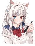  1girl absurdres animal_ear_fluff animal_ears blue_eyes blue_sailor_collar bow bowtie cardigan cat_ears cat_girl heart heterochromia highres holding holding_stylus huion long_hair original red_bow red_bowtie red_eyes rojineco_nene sailor_collar school_uniform serafuku smile solo stylus swept_bangs white_cardigan white_hair 