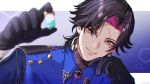  1boy black_gloves black_hair blue_shirt brooch collared_shirt earrings gem gloves highres holding hoop_earrings jewelry male_focus medium_hair mugimugigo nijisanji nijisanji_en pink_eyes purple_gemstone scar scar_across_eye shirt smile solo vezalius_bandage virtual_youtuber yellow_eyes 