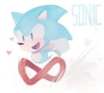  1boy animal_ears aoki_(fumomo) arm_up black_eyes blue_hair blush character_name chibi clenched_hand commentary_request dust english_text full_body furry furry_male gloves happy heart light_blush long_hair male_focus open_mouth partial_commentary running simple_background smile solo sonic_(series) sonic_the_hedgehog sonic_the_hedgehog_(classic) spiky_hair standing tail white_background white_gloves 