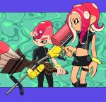  1boy 1girl black_shorts commentary_request crop_top e-liter_4k_(splatoon) green_background grey_eyes gun highres holding holding_gun holding_weapon letterboxed long_hair midriff mohawk octobrush_(splatoon) octoling octoling_boy octoling_girl redhead short_hair shorts splatoon_(series) standing tentacle_hair weapon xdies_ds yellow_bracelet yellow_eyes zipper 