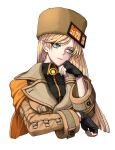  1girl aqua_eyes black_gloves blonde_hair brown_coat coat ebi_pri_shrimp fingerless_gloves fur_hat gloves guilty_gear guilty_gear_strive hat highres long_hair long_sleeves looking_to_the_side millia_rage orange_headwear upper_body ushanka 