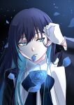  1girl ado_(utaite) black_hair black_jacket blue_eyes blue_flower blue_hair blue_rose chando_(ado) cloud_nine_inc collared_shirt colored_inner_hair commentary_request dress_shirt falling_petals flower flower_brooch gloves highres inu_draw jacket long_hair long_sleeves looking_at_viewer mole mole_under_eye multicolored_hair parted_lips petals rose shirt solo two-tone_hair upper_body utaite white_gloves white_shirt 