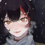 1girl animal_ears black_hair blush brown_eyes center-flap_bangs close-up closed_mouth hair_ornament highres hololive kafan light_blush light_smile lips looking_at_viewer multicolored_hair nose ookami_mio portrait redhead scarf short_hair smile snowing solo streaked_hair turtleneck white_scarf wolf_ears wolf_girl x_hair_ornament 