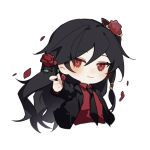  1girl alternate_costume closed_mouth flower fu_hua fu_hua_(blood_voivode) fu_hua_(shadow_knight) hair_between_eyes haruka_(rsyaooooo) honkai_(series) honkai_impact_3rd long_hair official_alternate_costume red_eyes red_flower rose simple_background solo suit vampire white_background 