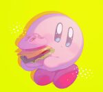  blue_eyes burger closed_mouth colored_skin commentary_request drop_shadow food highres holding holding_food kananishi kirby kirby_(series) kirby_burger light_blush light_smile looking_to_the_side no_humans partial_commentary pink_skin red_footwear shoes simple_background solo yellow_background 