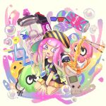  1girl absurdres black_headwear bowl bracelet bubble chopsticks commentary_request food game_boy green_hair handheld_game_console harmony_(splatoon) highres jewelry long_hair multicolored_hair multiple_bracelets noodles norishiitsu pink_hair ramen seiza sitting solo splatoon_(series) splatoon_3 squid sunglasses two-tone_hair two-tone_headwear white_background yellow_headwear 