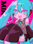  1girl blue_hair boots commentary hatsune_miku heart heart-shaped_eyes necktie pink_background smile solo solo_focus thigh_boots vocaloid xox_755nya 