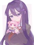  1girl anzen_robo_(474zz) blush breasts doki_doki_literature_club flying_sweatdrops hair_intakes hair_ornament hairpin highres large_breasts long_hair looking_at_viewer natsuki_(doki_doki_literature_club) purple_background purple_hair school_uniform shirt shy stuffed_toy twitter_username upper_body violet_eyes white_shirt yuri_(doki_doki_literature_club) 