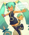  1boy 1girl bare_shoulders black_dress bracelet breasts dark-skinned_female dark_skin dress gatz green_hair jewelry long_hair looking_at_viewer mega_man_(series) mega_man_legends one_eye_closed open_mouth red_eyes short_hair smile thigh-highs twintails yamo_(sky2world) yuna_(mega_man) 