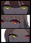  3girls assault_lily black_border border close-up commentary funada_kiito funada_ui green_eyes hair_between_eyes hair_ribbon heterochromia highres looking_at_viewer mole mole_under_eye monochrome multicolored_eyes multiple_girls nigari_(ngari_0115) orange_eyes parted_bangs portrait red_eyes ribbon shiba_tomoshibi siblings simple_background sisters spot_color symbol-only_commentary violet_eyes white_background 