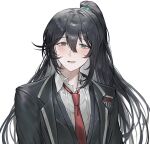  1boy aqua_eyes black_eyes black_hair black_vest blush bonno_sasu coat heterochromia high_ponytail highres hong_lu_(project_moon) limbus_company long_hair long_sleeves looking_at_viewer necktie open_mouth project_moon red_necktie shirt sidelocks simple_background smile solo very_long_hair vest white_background 