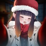  1girl blunt_bangs blush closed_eyes coat duffel_coat eizuremon fang gloves hat highres hololive hololive_english looking_at_viewer meme mole mole_under_eye ninomae_ina&#039;nis open_mouth pointy_ears pov_cheek_warming_(meme) purple_hair reaching reaching_towards_viewer red_gloves red_headwear red_scarf santa_hat scarf skin_fang solo tentacle_hair virtual_youtuber white_coat 