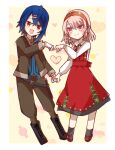 1boy 1girl alcryst_(fire_emblem) blue_hair couple dress fire_emblem fire_emblem_engage gloves hair_ornament hair_ribbon hairband hairclip highres holding_hands jacket lapis_(fire_emblem) looking_at_another open_mouth pink_eyes pink_hair red_dress red_eyes ribbon smile user_mmfe4722 white_gloves 