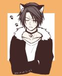  1boy alternate_costume animal_ears bell black_choker brown_hair cat_ears choker closed_eyes commentary_request crossed_arms dated fake_animal_ears final_fantasy final_fantasy_viii frown fur-trimmed_jacket fur_trim hiryuu_(kana_h) jacket male_focus neck_bell open_clothes open_jacket orange_background paw_print scar scar_on_face short_hair signature simple_background solo squall_leonhart sweatdrop 