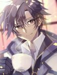  1boy black_gloves black_hair coat cup eiyuu_densetsu english_commentary glasses gloves hair_between_eyes holding holding_cup natsusechoco rean_schwarzer sen_no_kiseki sen_no_kiseki_iii smile solo sparkle sun_glare swept_bangs upper_body violet_eyes 