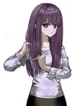  1girl alternate_costume blunt_bangs closed_mouth expressionless fern_(sousou_no_frieren) h5e6n hair_between_eyes highres long_hair long_sleeves looking_at_viewer purple_hair sidelocks simple_background solo sousou_no_frieren standing violet_eyes white_background 