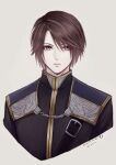  1boy black_jacket blue_eyes brown_hair chain commentary_request cropped_shoulders dated expressionless final_fantasy final_fantasy_viii grey_background high_collar hiryuu_(kana_h) jacket looking_at_viewer male_focus military_uniform official_alternate_costume scar scar_on_face seed_uniform_(ff8) short_hair signature simple_background solo squall_leonhart uniform upper_body 