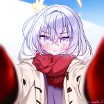  1girl artist_name azusa_(blue_archive) blue_archive commentary_request halo lanubis looking_at_viewer meme pov_cheek_warming_(meme) scarf solo violet_eyes white_hair 