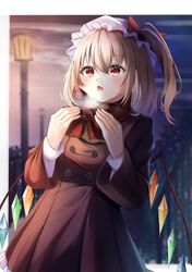  1girl blonde_hair border coat flandre_scarlet jacket kisaragimikuru lamppost long_sleeves night night_sky open_mouth rainbow_wings red_eyes red_jacket red_scarf scarf shirt sky solo touhou white_border white_headwear white_shirt winter_clothes winter_coat 