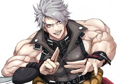  1boy bare_shoulders chipp_zanuff earrings ebi_pri_shrimp fingerless_gloves gloves grey_hair guilty_gear guilty_gear_strive hand_gesture highres jewelry looking_at_viewer male_focus muscular muscular_male red_eyes sharp_teeth shirt simple_background sleeveless sleeveless_shirt smile solo teeth 