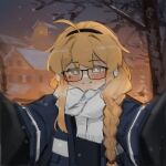 1girl black_gloves blonde_hair blue_eyes blue_jacket blush braid building earmuffs glasses gloves headband highres indie_virtual_youtuber jacket long_hair looking_at_viewer outstretched_arms pov_cheek_warming_(meme) scarf single_braid snowing tree very_long_hair whiskey_project white_scarf xerbatt