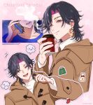  1boy alternate_costume black_hair brown_coat cellphone closed_eyes coat drink earrings highres holding holding_drink holding_phone hoop_earrings jewelry male_focus medium_hair mugimugigo multiple_views nijisanji nijisanji_en phone pink_hair scar scar_across_eye smile sweater vezalius_bandage virtual_youtuber white_sweater yellow_eyes 