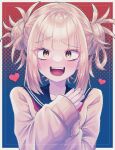  1girl bags_under_eyes blonde_hair blue_sailor_collar blunt_bangs blush boku_no_hero_academia cardigan double_bun fangs hair_bun heart highres irastotoukou messy_hair neckerchief red_neckerchief sailor_collar slit_pupils smile solo teeth toga_himiko yellow_cardigan yellow_eyes 