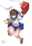  1girl blue_skirt brown_eyes brown_hair clenched_hands fingerless_gloves from_above gloves headband highres juaag_acgy kasugano_sakura red_footwear red_gloves school_uniform shirt shoes skirt sneakers solo street_fighter thighs white_background white_headband white_shirt 