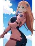  1girl aida_rayhunton ass blush bodysuit breasts campbell_xx closed_mouth clouds cloudy_sky from_side green_eyes gundam gundam_g_no_reconguista hair_ornament highres large_breasts long_hair looking_at_viewer looking_to_the_side orange_hair pilot_suit pink_hair simple_background sky solo swept_bangs 