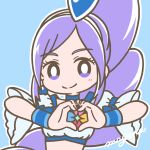  1girl aono_miki blue_background blue_choker blush choker cure_berry earrings fresh_precure! hair_ornament hairband heart heart_hair_ornament highres jewelry long_hair long_sleeves magical_girl mayena midriff multiple_girls outline ponytail precure purple_hair signature skirt smile solo twitter_username violet_eyes white_outline 