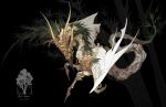  absurdres animal_focus beak black_background blank_eyes branch chinese_commentary commentary_request food from_side fruit full_body highres horns microw monster multiple_horns no_humans original pineapple reference_inset signature solo tree white_wings wings 