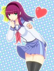  angel_beats! black_legwear chikage36 finger_to_mouth green_eyes hairband heart leaning_forward pleated_skirt purple_hair school_uniform serafuku short_hair skirt solo thigh-highs thighhighs yuri_(angel_beats!) zettai_ryouiki 