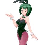  brown_eyes bunny_ears bunnysuit green_hair idolmaster issei otonashi_kotori pantyhose rabbit_ears short_hair solo wink 